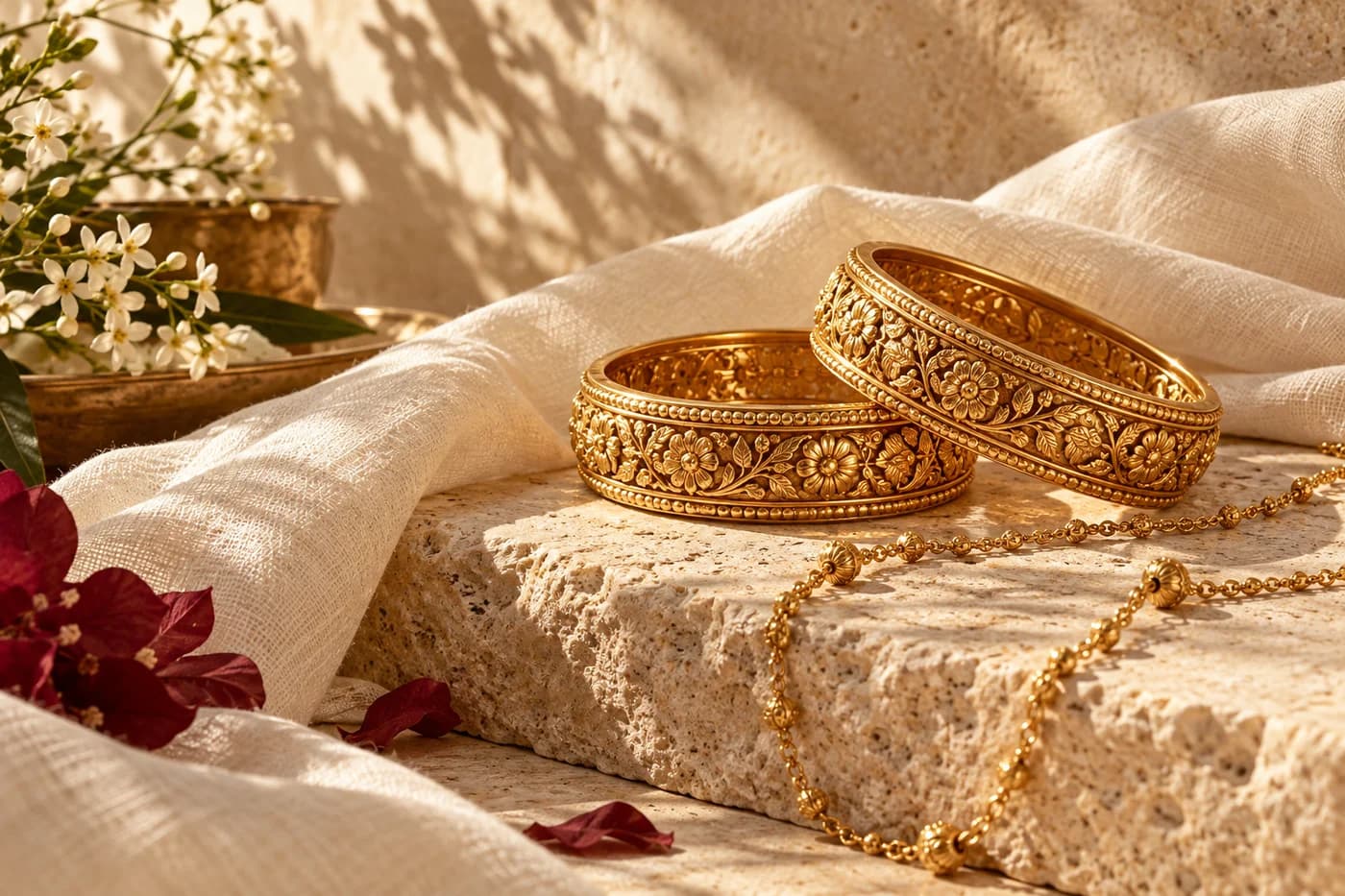 Editorial gold bangles arranged on warm limestone